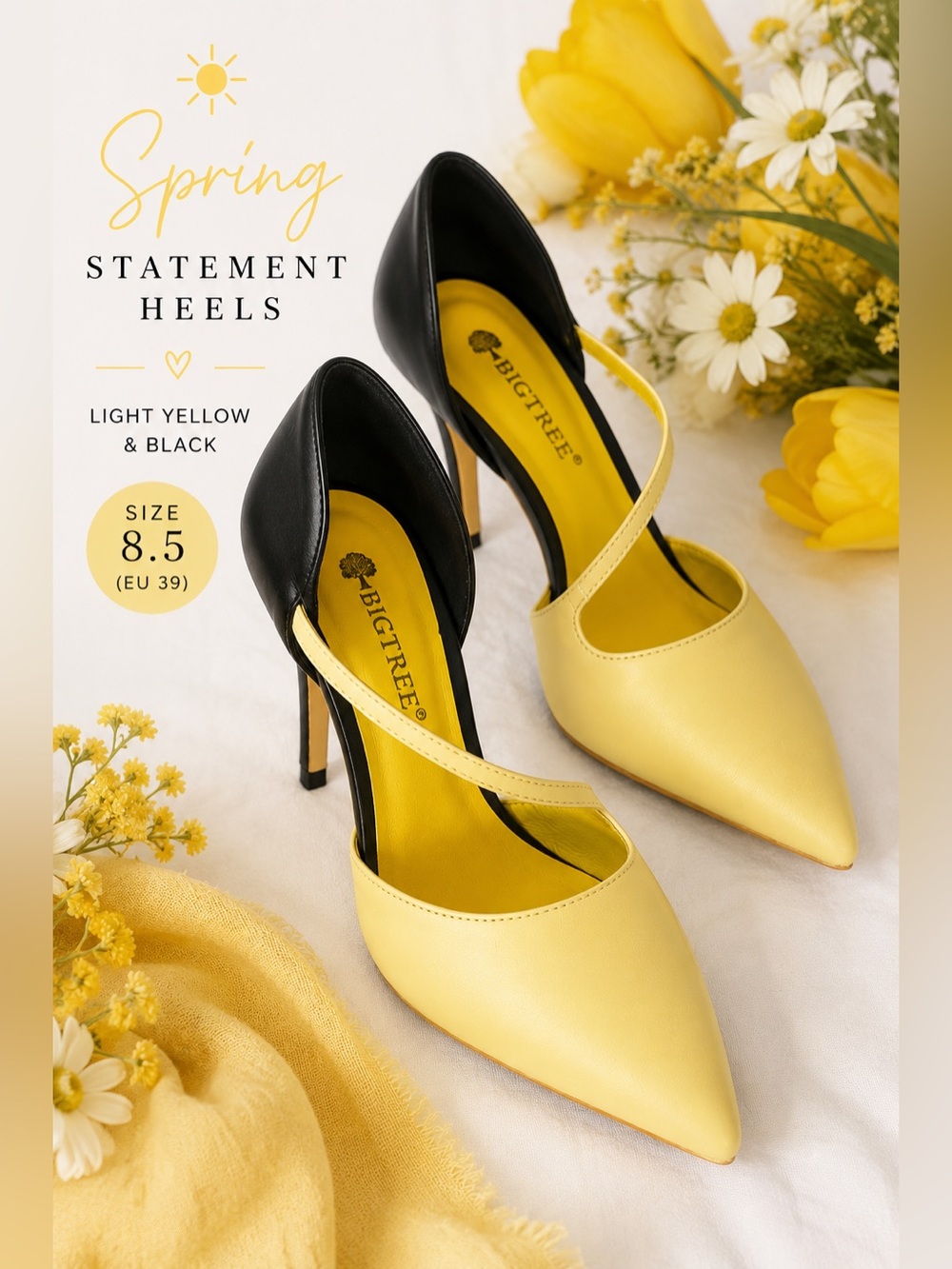 Big Tree Yellow & Black Pointed Toe Slingback Stiletto Heels EU 39
